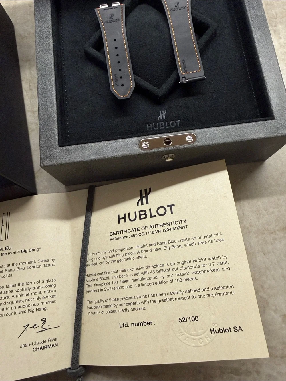 HUBLOT Gray Suede Sang Bleu Collector Watch Case w/ Croc Strap & Original Papers